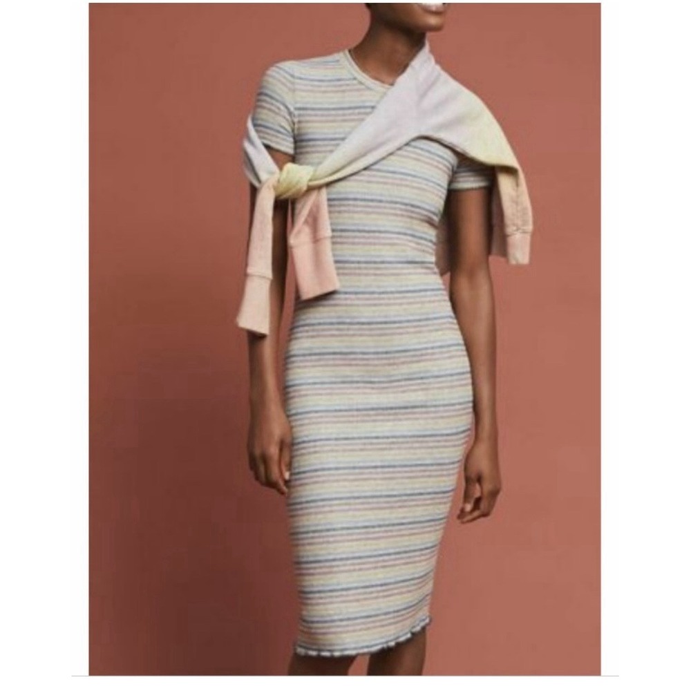 Anthropologie Sundry Women's Colorful Striped Ribbed Midi Bodycon Tee Dress 2